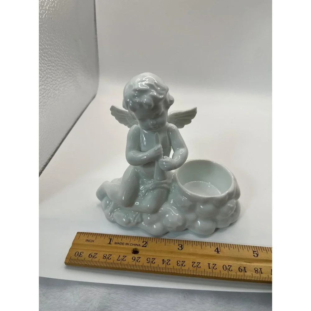 2 White Glazed Porcelain‎ Cherub Putti Cupid Taper Candle Holder Victorian